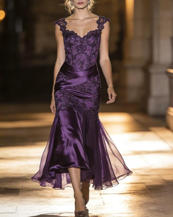 Vintage Purple Satin Lace Mermaid Party Dress Long Wedding Guest Dress SP3457
