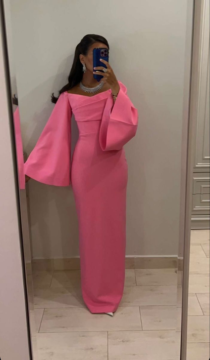 Pink Sheath/Column Floor Length Evening Dress with Bell Sleeves Y4019