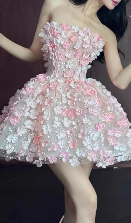 Beautiful Pink Strapless Flower Mini Party Dress Homecoming Dress Y8837