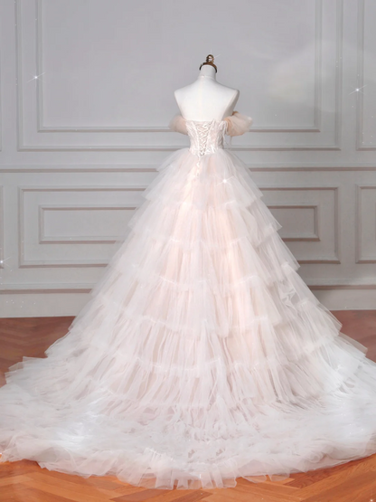 Classy Light Pink Tulle A Line Formal Long Prom Dress Evening Dress Y8623