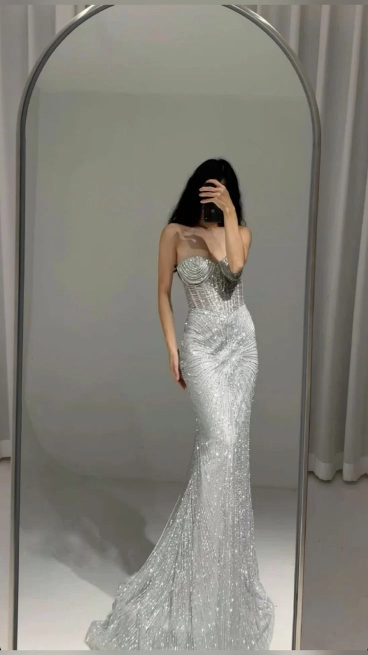 Luxurious Sweetheart Neck Silver Sequin Beaded Mermaid Long Prom Dresses Party Gown SP3983
