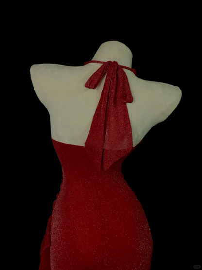 Shiny Halter Satin Sequin Ruffle Mermaid Long Party Dress Red Long Birthday Prom Dress Gown SP4050