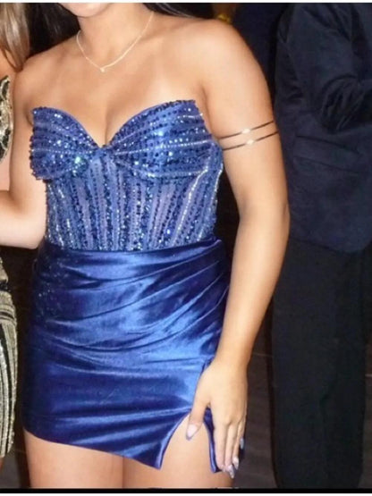 Gorgeous Blue Satin Beaded Short 6th Grade Homecoming Dress,Sheath Short Prom Dress SP3449