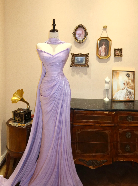 Classy Purple Strapless Satin Pleated Mermaid Long Party Dress Evening Gown With Scarf SP1881