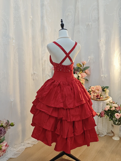 Vintage Spaghetti Straps Satin layered Beaded A Line Cocktail Dress,Red Short 7th Grade Homecoming Dress SP2708