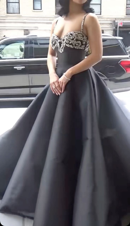 Stylish Spaghetti Straps Black Satin Beaded A Line Long Party Dress Birthday Outfits SP1033