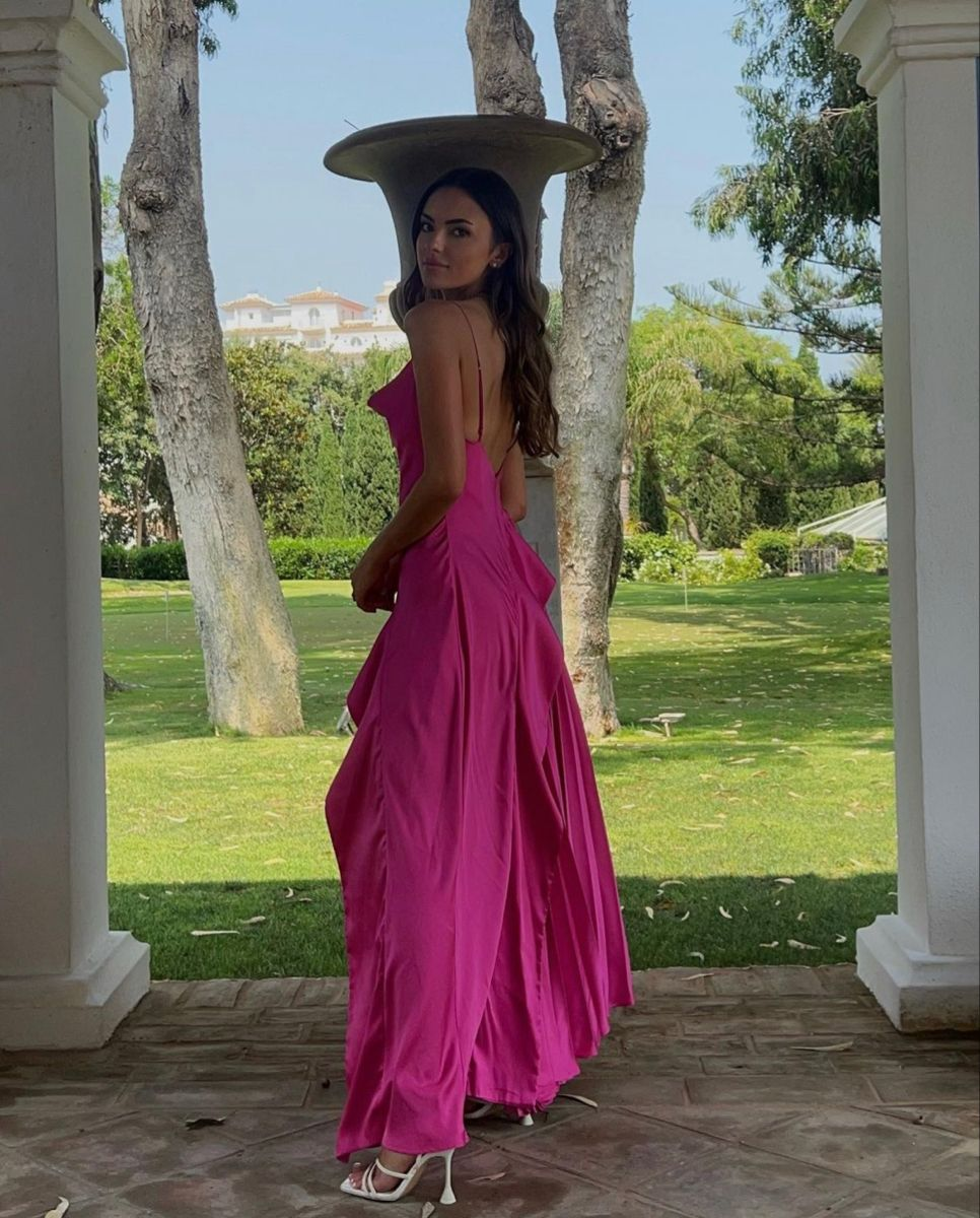 Charming Spaghetti Straps Hot Pink Satin Pleated A Line Long Evening Gown Formal Wedding Guest Dress SP335