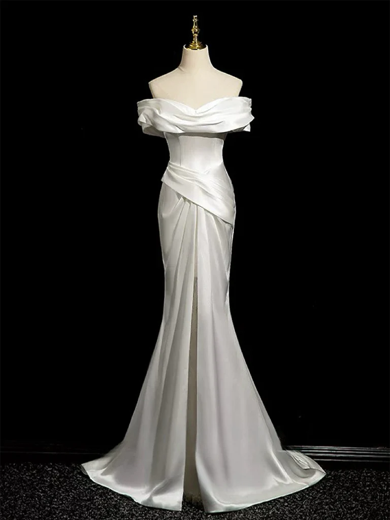 Simple Mermaid Off Shoulder Satin White Long Wedding Dress Y8047
