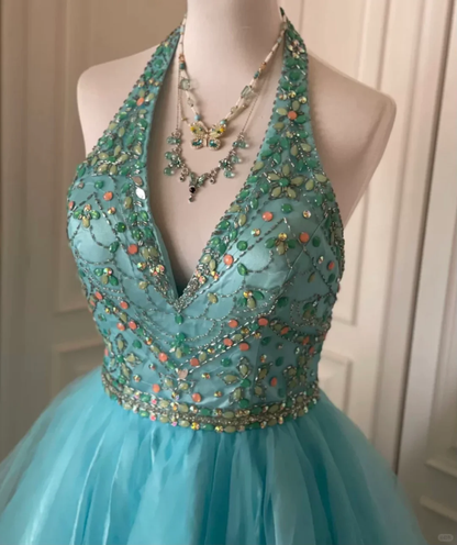 Gorgeous Halter Tulle Beaded Short Birthday Outfits Blue A Line Homecoming Dress  Y9054
