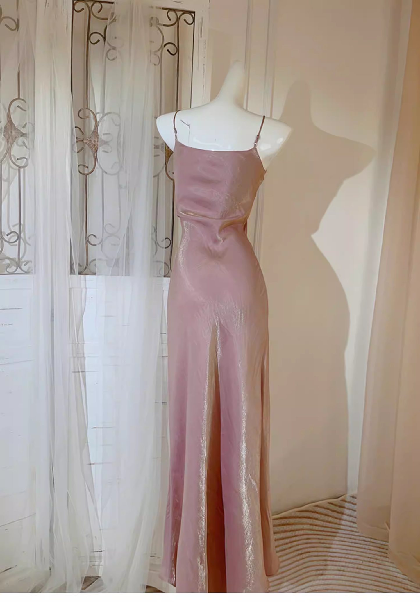 Classy Spaghetti Straps Pink V Neck Satin Mermaid Long Party Dress Formal Wedding Guest Dress SP2004