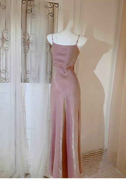 Classy Spaghetti Straps Pink V Neck Satin Mermaid Long Party Dress Formal Wedding Guest Dress SP2004