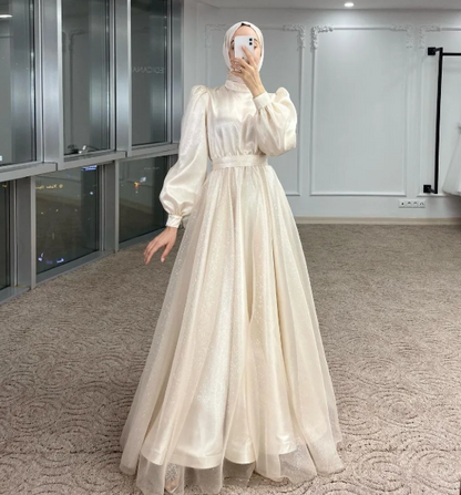 Modest A-line Navy Blue Tulle Long Sleeves Prom Dress,Muslim Dress  Y5848