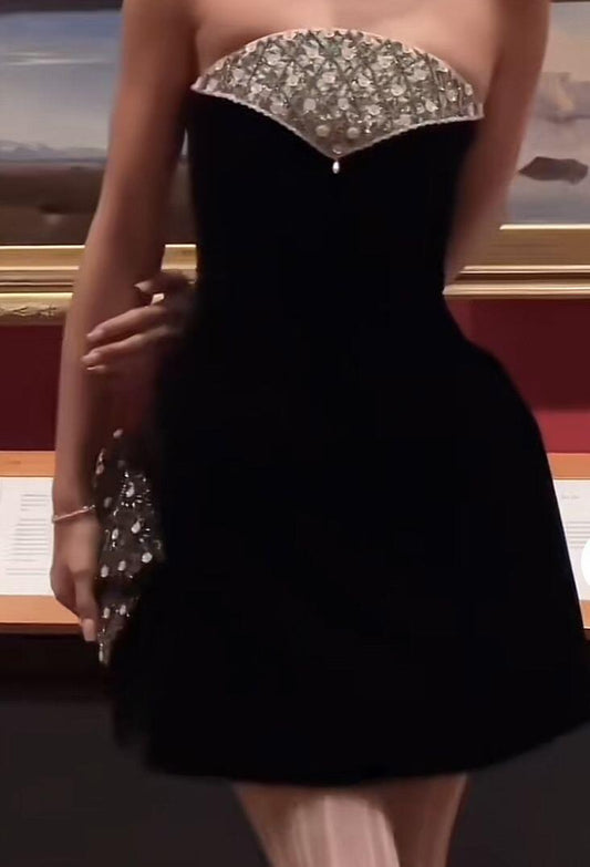 Chic Strapless Satin Beaded Mini Birthday Dress,Black Short Graduation Homecoming Dress SP3447