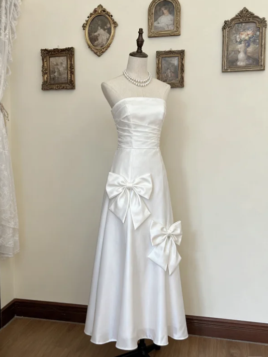 Classy Strapless White Satin A Line Long Party Dress Formal Guest Dress With Bow SP311