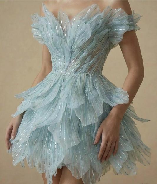 Glamorous Light Blue Tulle Petals Sequin Beaded Short Birthday Outfits Homecoming Dress SP3051