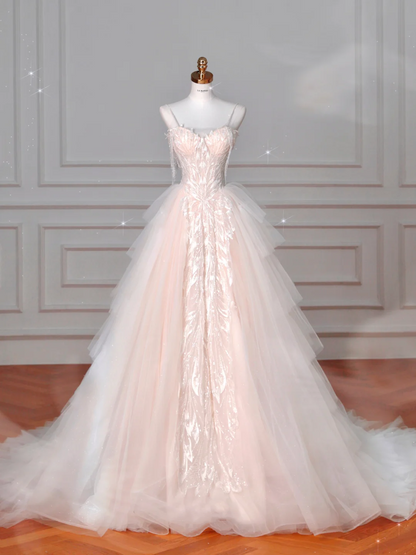 Classy Light Pink Tulle A Line Formal Long Prom Dress Evening Dress Y8623