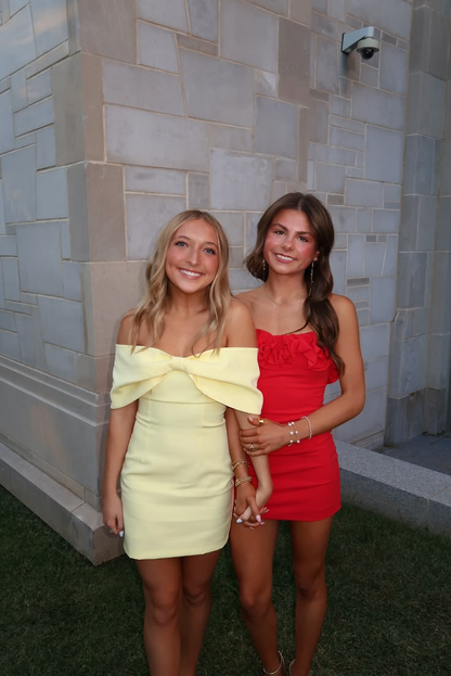 Pretty Yellow Satin Short 9th Grade Homecoming Dress,Bow Off The Shoulder Short Birthday Outfits SP3313