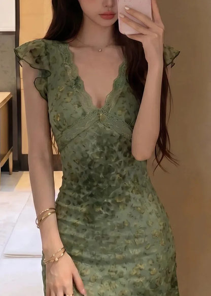 Vintage Green Lace V Neck Chiffon Floral Short Graduation Homecoming Dress,Mini Prom Gown SP3350