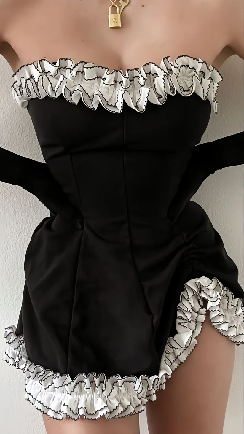 Gorgeous Sweetheart Neck Black Satin Ruffle Short 20th Birthday Dress Homecoming Dress With Gloves Y9893