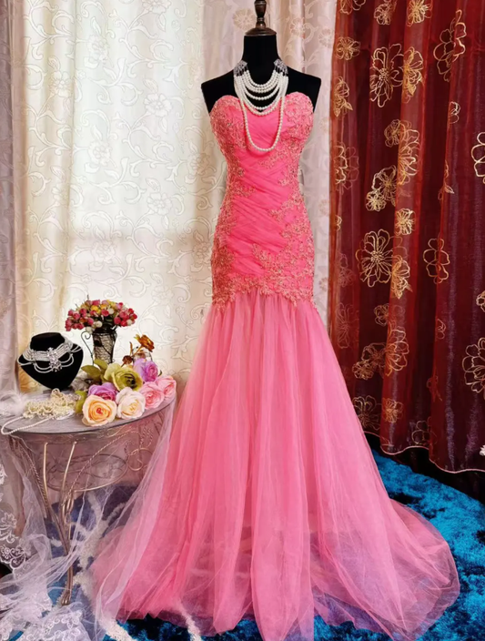 Pretty Pink Strapless Tulle Appliques Beaded Mermaid Long Party Dress Formal Wedding Guest Dress SP1954