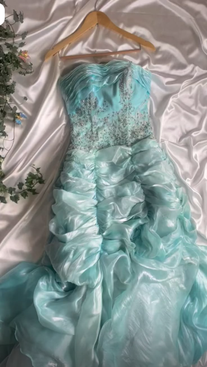 Classy Strapless Blue Tulle Pleated Beaded Mermaid Long Prom Dress Party Gown SP3738