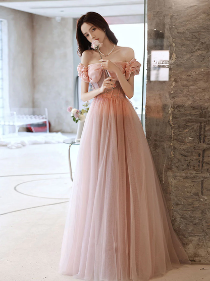 Pink Sweetheart Neck Tulle Beads Long Prom Dress, Pink Evening Dress,Y2406