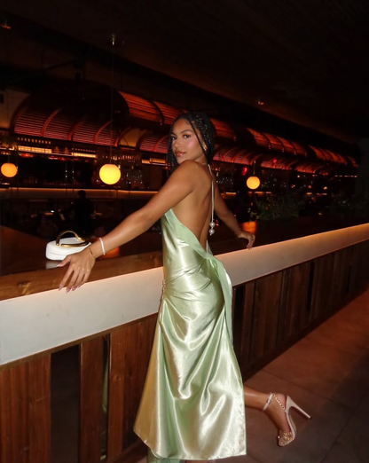 Chic Halter Green Satin Pleated Long Party Dress Backless Long Birthday Prom Dress SP3943