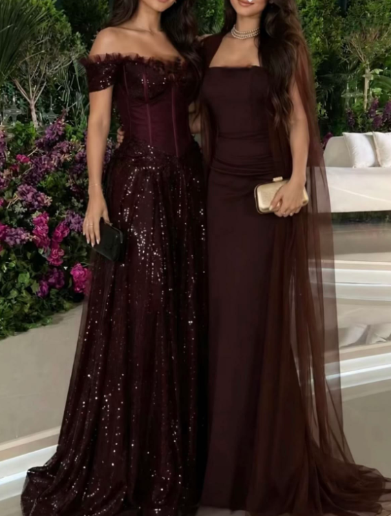 Sparkly Burgundy Sequin Mermaid Long Birthday Party Dress Off The Shoulder Long Prom Gown SP4009