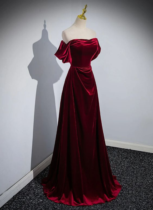 Wine Red Velvet Off Shoulder A-Line Long Party Dress, Wine Red Floor Length Prom Dress  Y5655