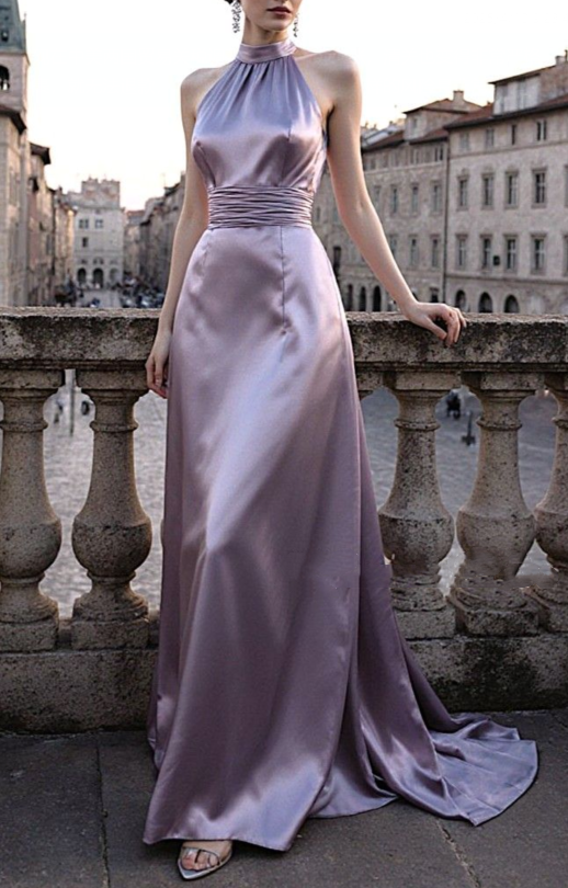 Pretty Halter Sleeveless Lavender Satin Long Party Dress Bridesmaid Dress SP280