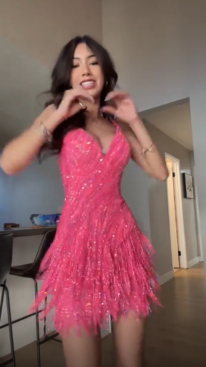 Gorgeous Spaghetti Straps Pink Satin Sequin Short 6th Grade Homecoming Dress SP2889