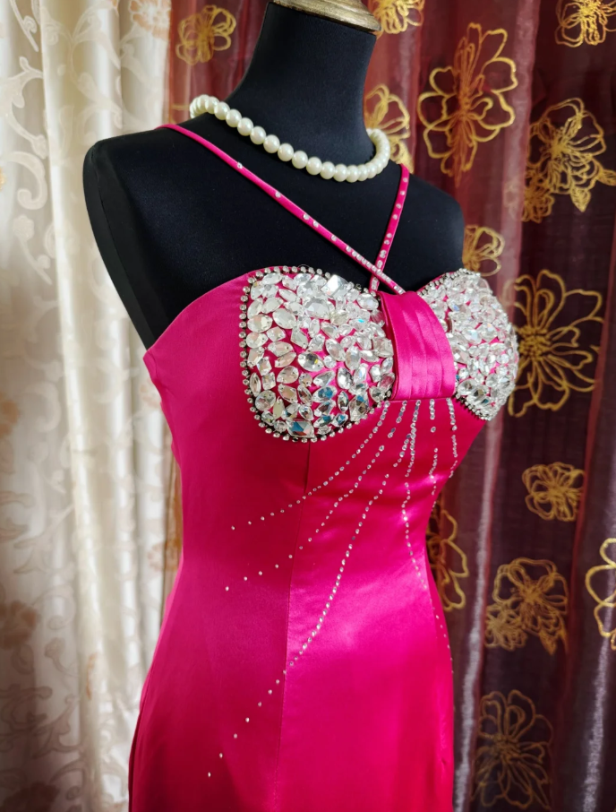 Sexy Hot Pink Satin Beaded Mermaid Party Dress Long Wedding Guest Dress SP1957