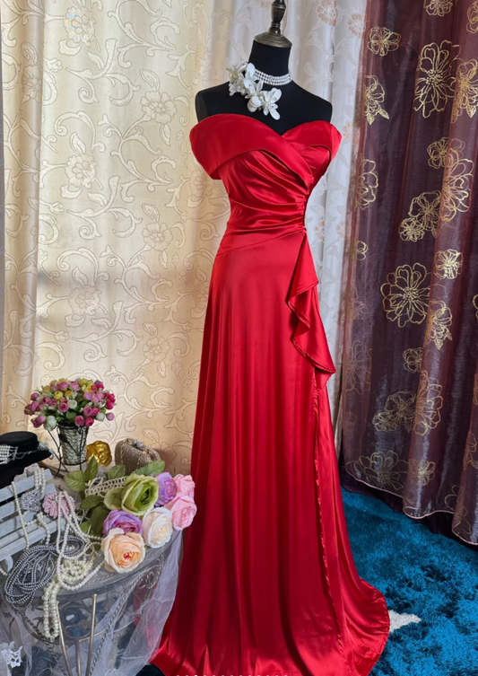 Fashion Red Off The Shoulder Satin Mermaid Long Party Dress Formal Wedding Guest Dress SP1885