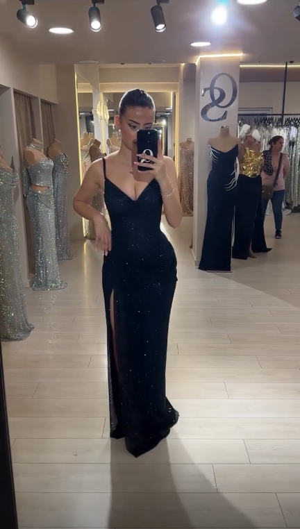Classy Spaghetti Strap Navy Blue Tulle Sequin High Slit Long Party Dress Prom Gown SP4000
