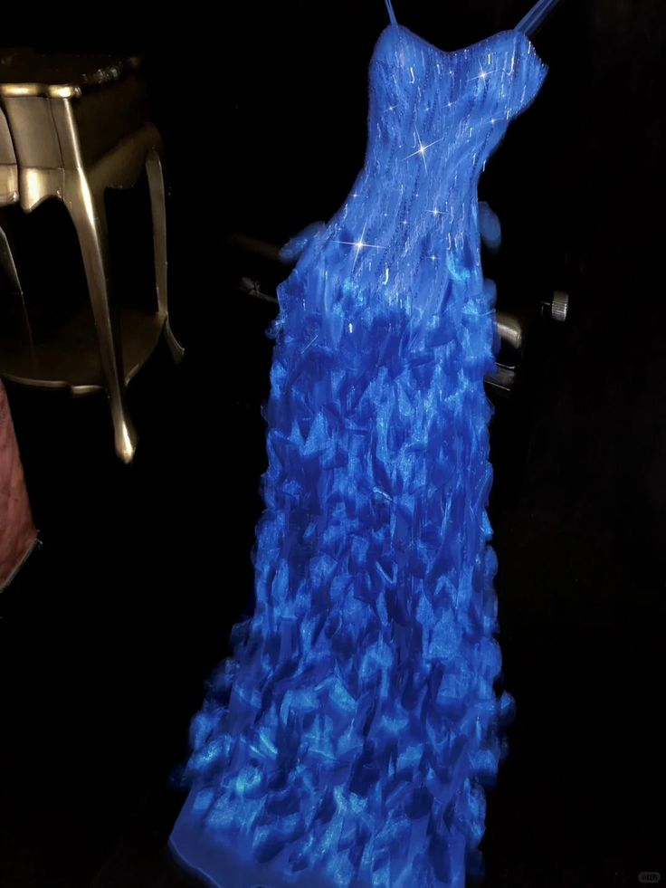 Glamorous Spaghetti Straps Royal Blue Satin Beaded Mermaid Long Prom Dress Party Gown SP368