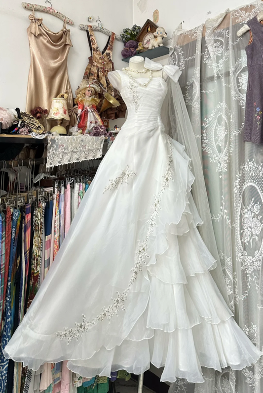 Pretty White Spaghetti Straps Tulle Appliques Beaded Mermaid Long Party Dress Birthday Dress SP1872