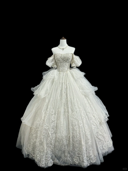 Sparkly Off The Shoulder White Tulle Lace Beaded Long Wedding Dress Bridal Gowns SP2216