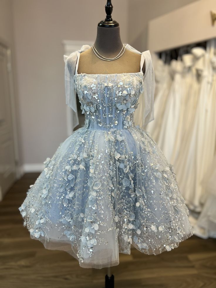 Classy Blue Spaghetti Straps Tulle Sequin Appliques A Line Short Birthday Dress Homecoming Dress SP3228