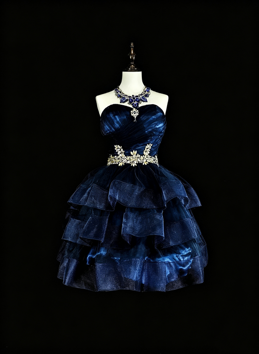 Fashion Navy Blue Satin Tulle Beaded A Line Short 6th Grade Homecoming Dress,Mini Prom Dress SP3387
