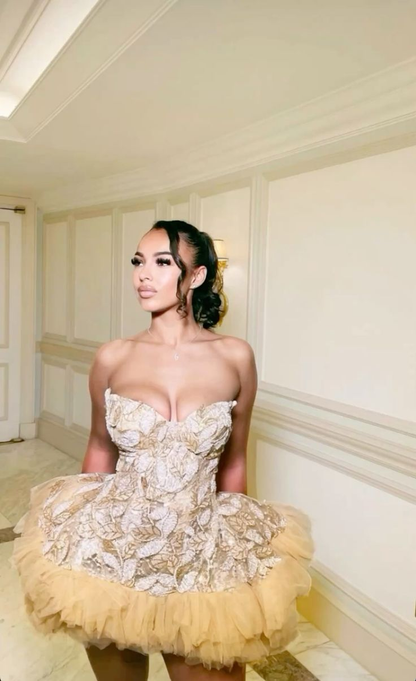 Pretty Sweetheart Neck Gold  Mini Graduation Homecoming Dress Strapless A Line Cocktail Dress Y8946