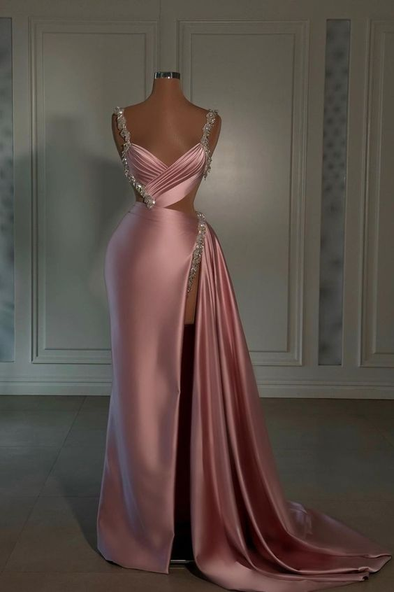 Glamorous Pink Prom Dress Sweetheart Spaghetti Strap With High Slit Trail Y6436