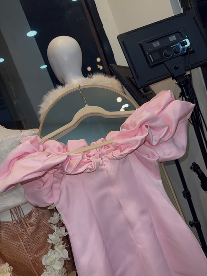 Sweet Off The Shoulder Satin Short Birthday Dress,Pink Short 9th Grade Homecoming Dress SP3028