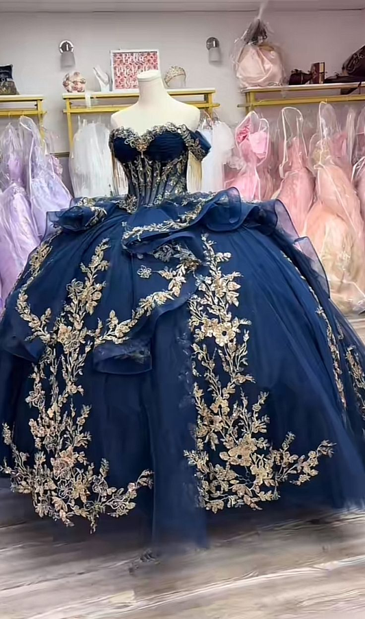 Vintage Navy Blue Ball Gown Off The Shoulder Tulle Appliques Formal Quinceanera Dress SP747