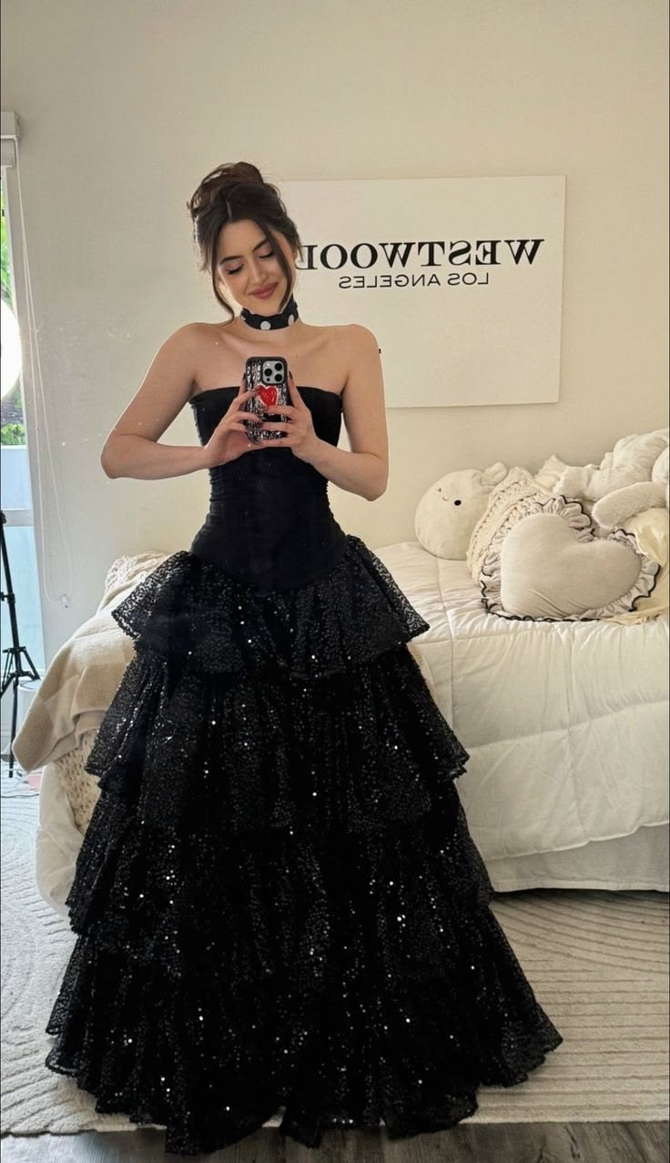 Elegant Strapless Black Satin Tulle Sequin A Line Long Party Dress Birthday Dress SP2481