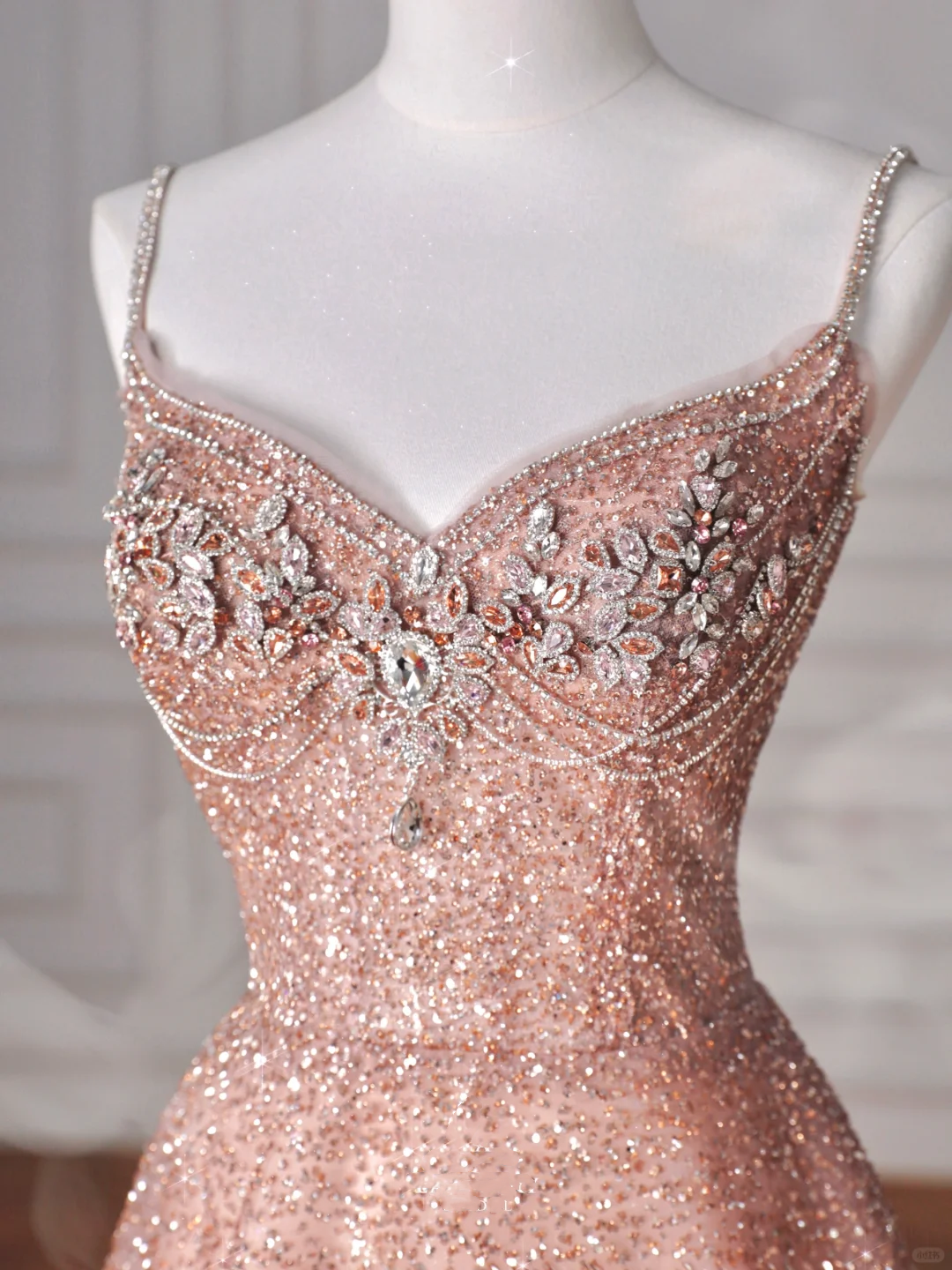 Glitter Pink Tulle Sequins Beaded Prom Dress,Spaghetti Straps A Line Evening Dress Y8619