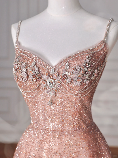 Glitter Pink Tulle Sequins Beaded Prom Dress,Spaghetti Straps A Line Evening Dress Y8619