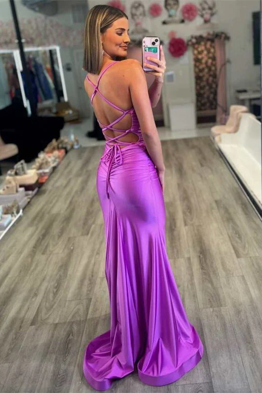 Sexy Purple V-Neck Lace-Up Back Mermaid Long Prom Dress  Y7277