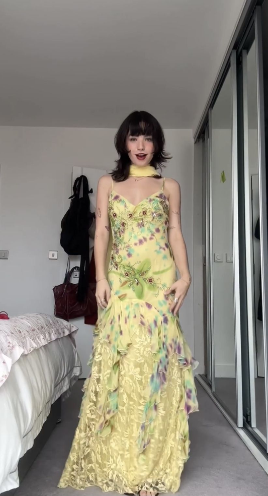 Charming Spaghetti Straps Yellow Chiffon Print Floral Beaded Mermaid Prom Dress Long Party Gown With Ribbon SP815