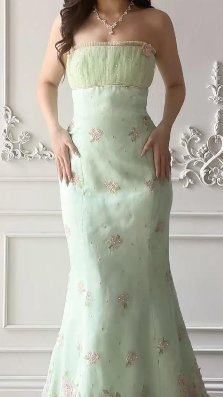 Classy Strapless Light Green Tulle Beaded Floral Mermaid Long Party Dress Birthday Dress SP2273