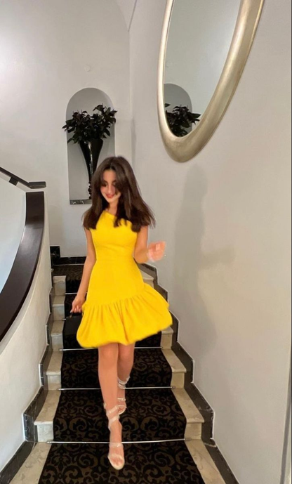 Cute Yellow One Shoulder Satin Homecoming Dress,Short Prom Dress Y8187